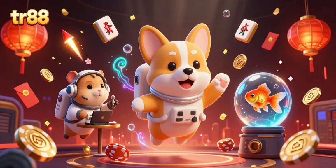The tr88 casino experience comes alive with vibrant elements including floating poker chips and lively cartoon characters.