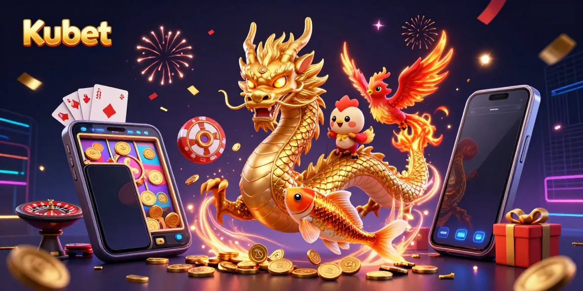 Play slots and win big with Kubet in this vibrant 3D casino scene featuring a dragon and phoenix.