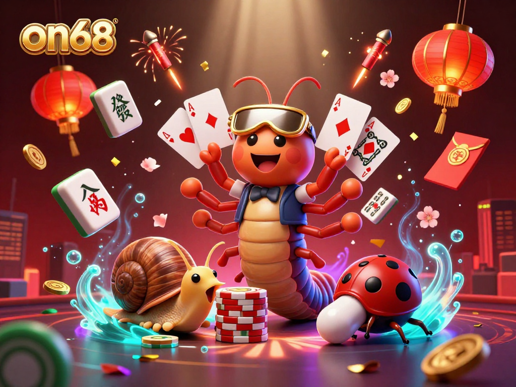 Experience the thrilling excitement of on68 with unique casino characters and festive elements in an engaging 3D illustration.