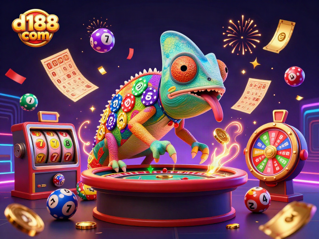 Experience d188 com's vibrant gaming universe with colorful slot reels and playful chameleon owner.