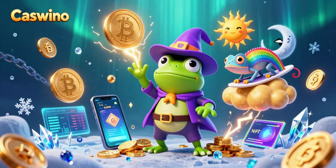 Caswino celebrating wins with a storm of coins and crypto elements in a vibrant casino scene.