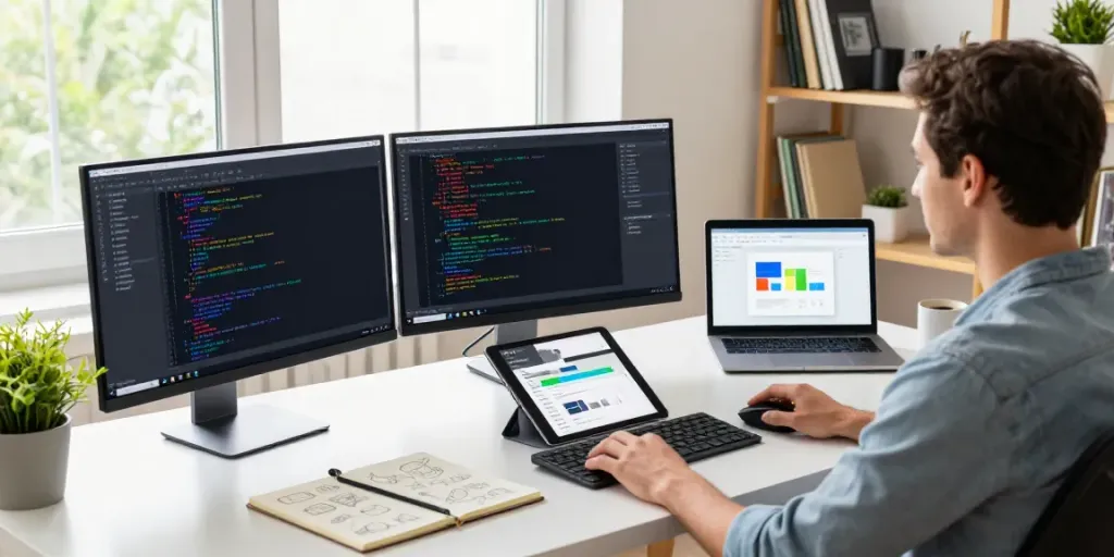 Developer focused on creating Android apps in a modern workspace featuring code-filled monitors and collaborative tools, portraying the essence of Acknosoft.
