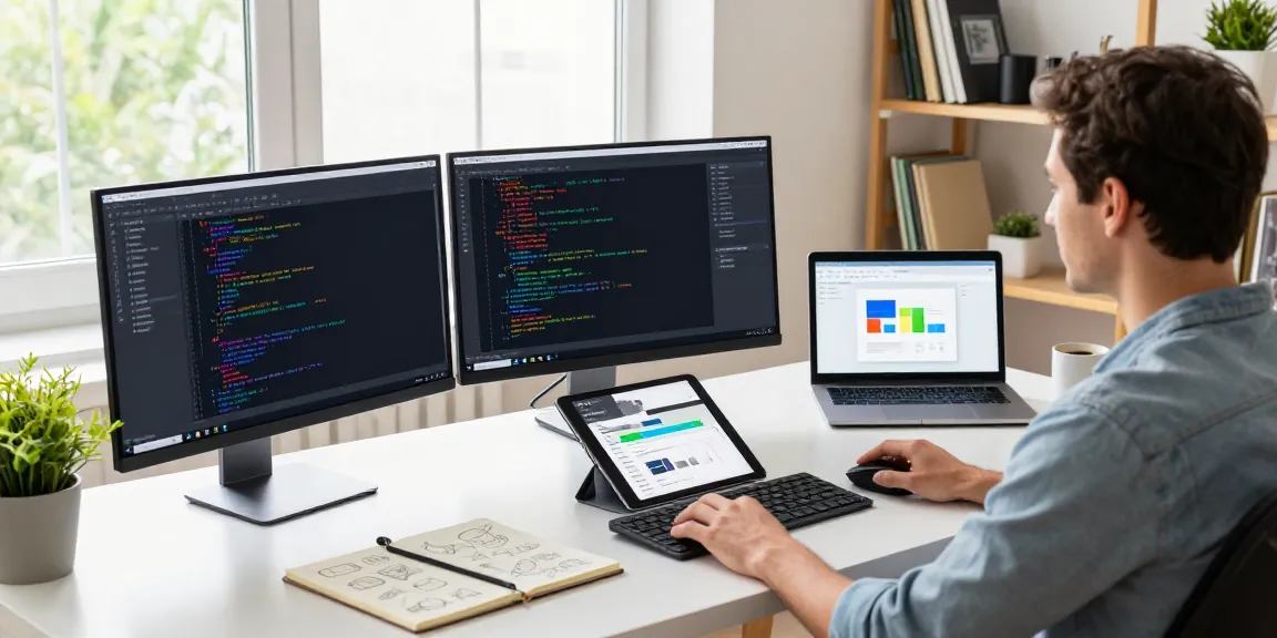 Developer focused on creating Android apps in a modern workspace featuring code-filled monitors and collaborative tools, portraying the essence of Acknosoft.
