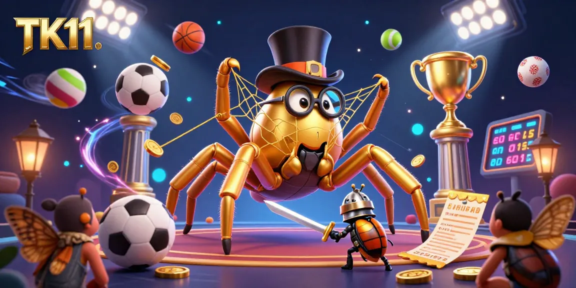 Engage with the dynamic TK11 casino scene featuring a golden tarantula weaving a web amid lively sports elements and a courageous beetle knight.