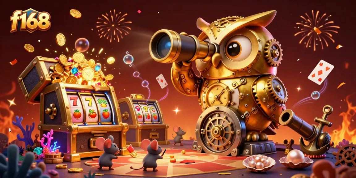 Explore vibrant f168 casino scene with animated owl, slot machines, and colorful gems.
