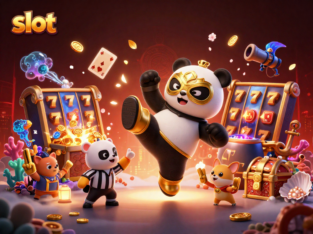Mainkan slot melalui ilustrasi berlatar belakang gelap dengan panda dan hewan penonton meriah.