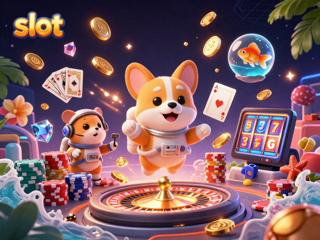 Slot memikat dengan corgi astronaut dan hamster di kasino luar angkasa, penuh koin emas.