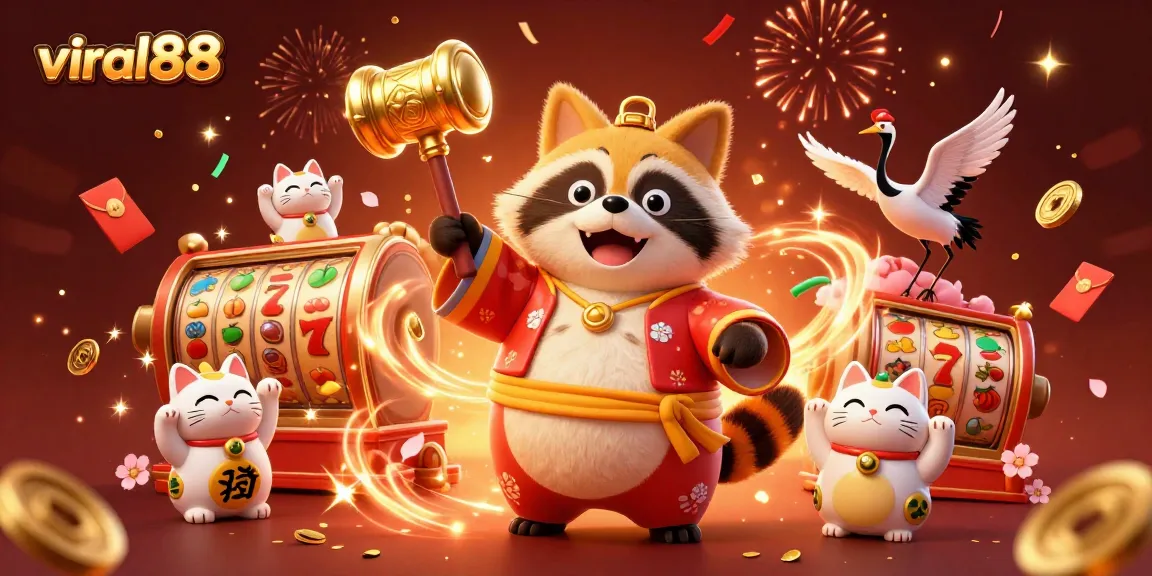 Spin to win at viral88 with a vibrant festival scene showcasing lucky symbols and cheerful characters.
