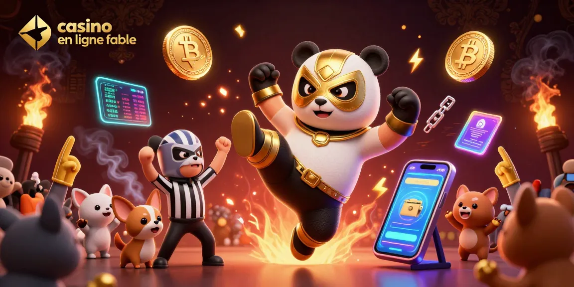 Visualisez un casino en ligne fiable avec un panda lutteur en action et des crypto-monnaies vibrant autour.