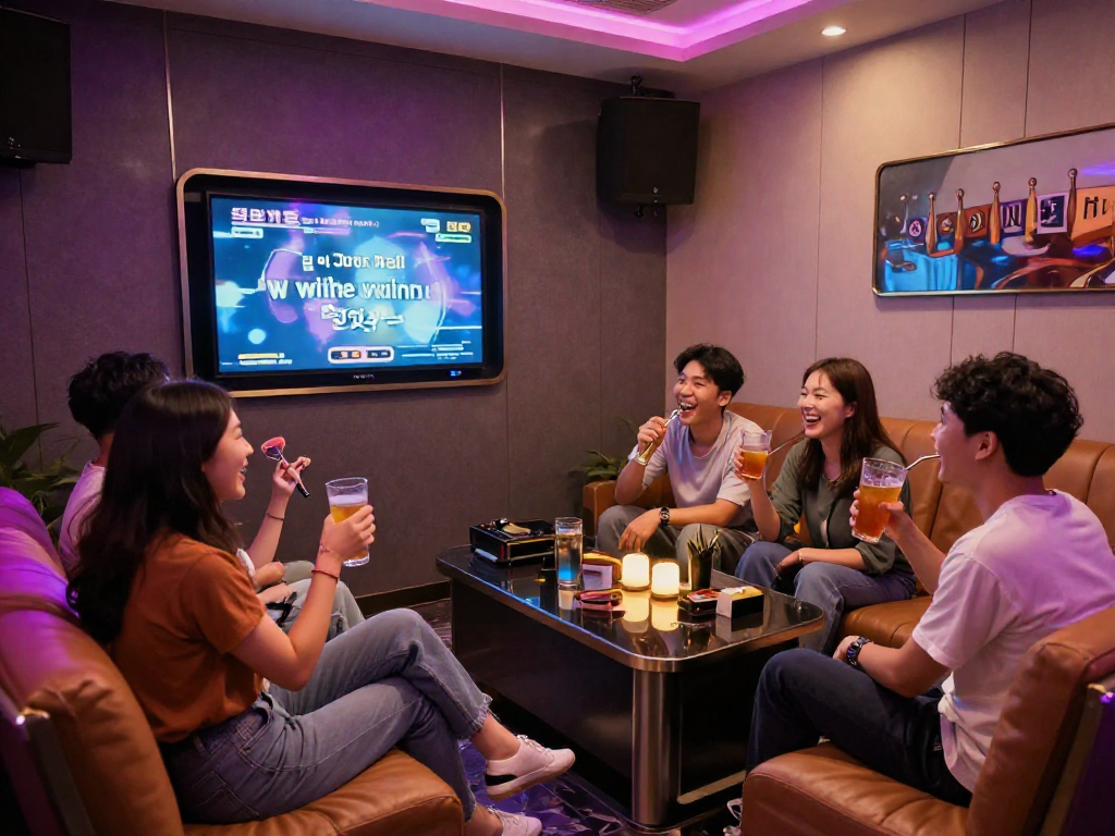 유앤미 가라오케에서의 아늑한 프라이빗 모임, 친구들이 함께 노래를 부르며 즐거운 시간을 보내고 있는 모습