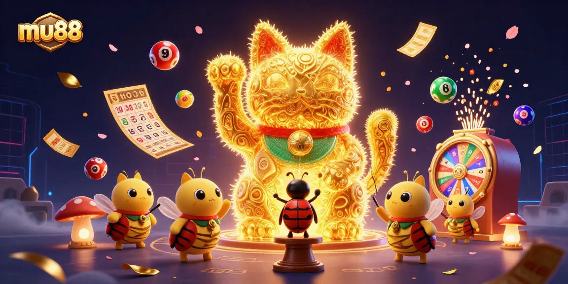 Experience thrilling gameplay at mu88 with a lucky cat symbolizing wins and fortune amidst vibrant casino elements.