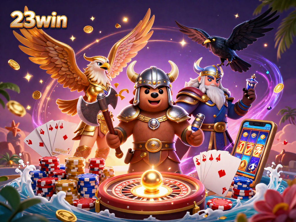 Experience thrilling casino action with 23win as Viking bear and Valkyrie eagle surround spinning roulette and shimmering gems.