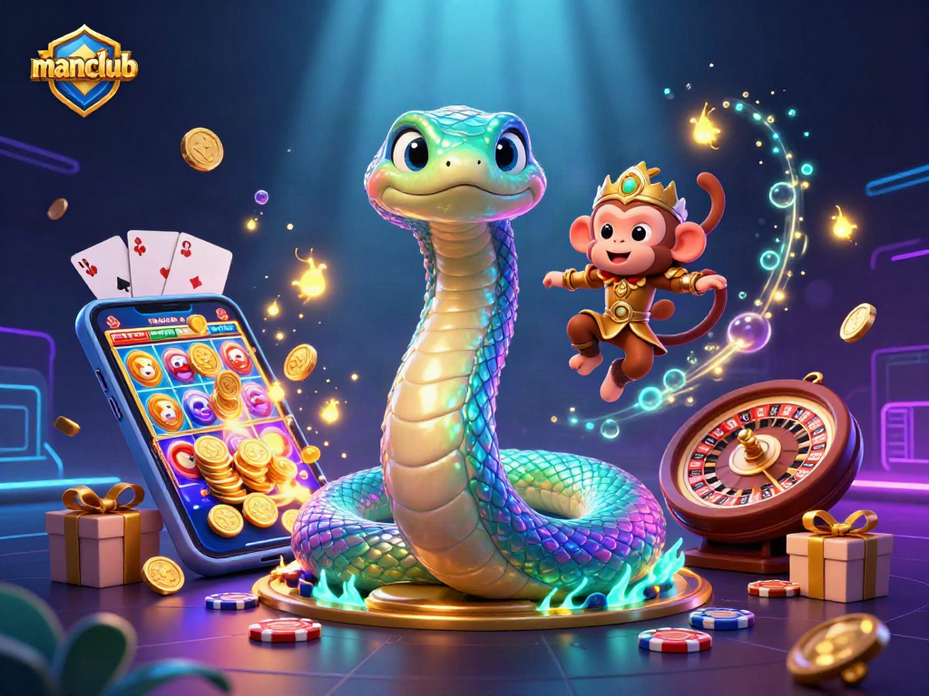 Play thrilling casino games at manclub with a 3D rainbow serpent and monkey king.