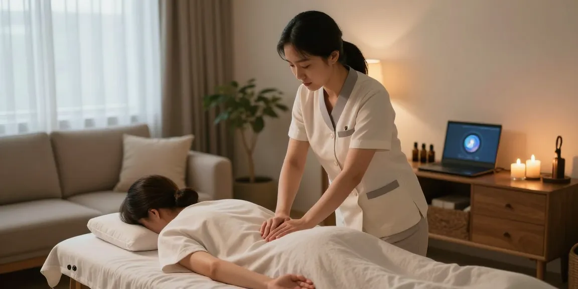 시흥출장마사지 by a professional Korean therapist in a calm home setting, creating a serene experience.