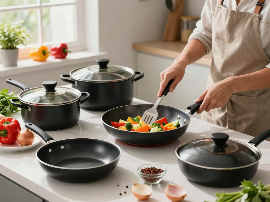 Non-Stick Cookware price in bangladesh highlighted in a bright kitchen with a cheerful cook preparing vegetables.