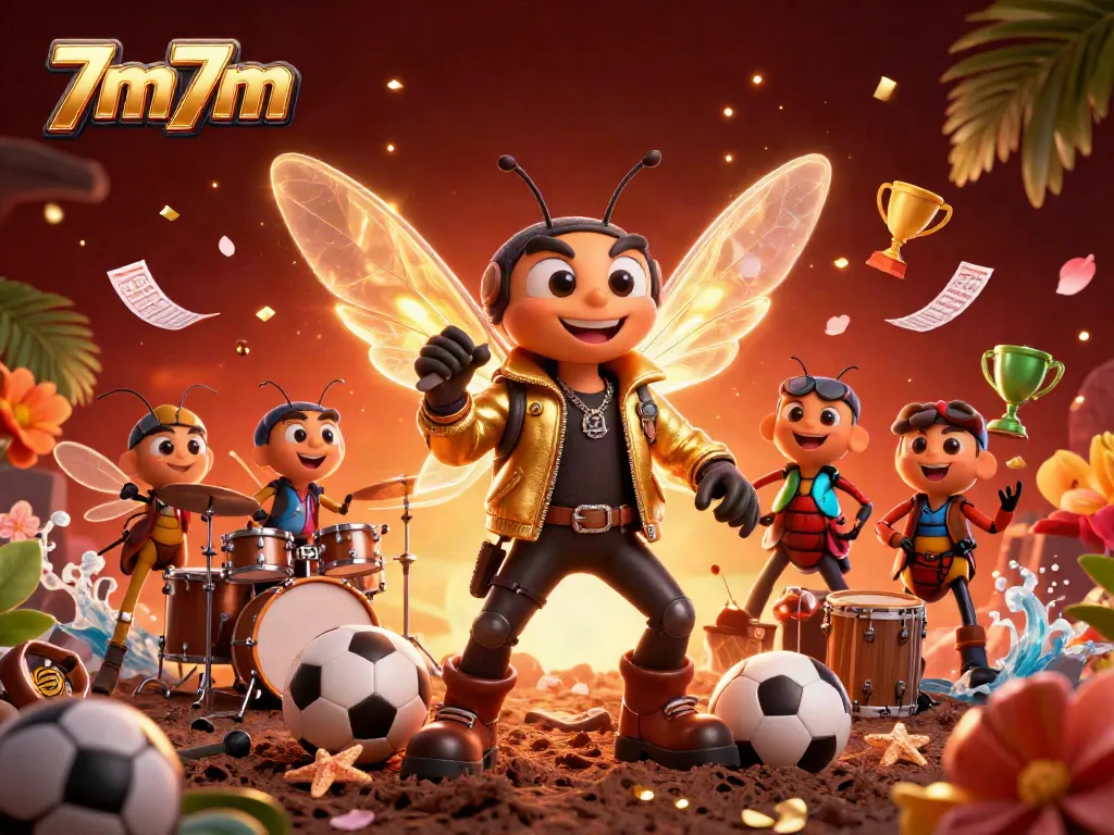 Engage with 7m7m as a cartoon rock star leads a vibrant sports betting celebration.