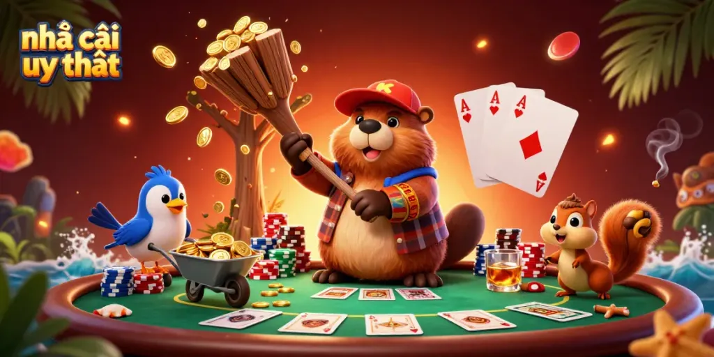 Engage at nhà cái uy tín with a vibrant casino scene featuring whimsical cartoon characters and rich gambling elements.