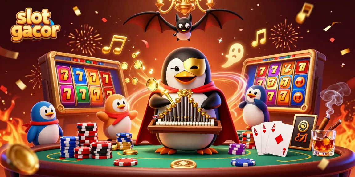 Experience the excitement of slot gacor with a whimsical illustration featuring a phantom opera penguin and casino elements.