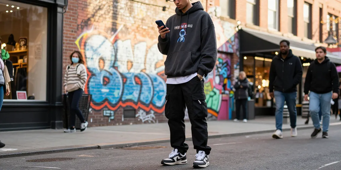 Fashion scene showcasing a stylish person in streetwear exploring 레플리카 사이트 in an urban setting.