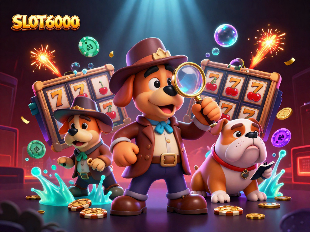SLOT6000 players exploring jackpot clues in a vibrant, colorful casino scene.