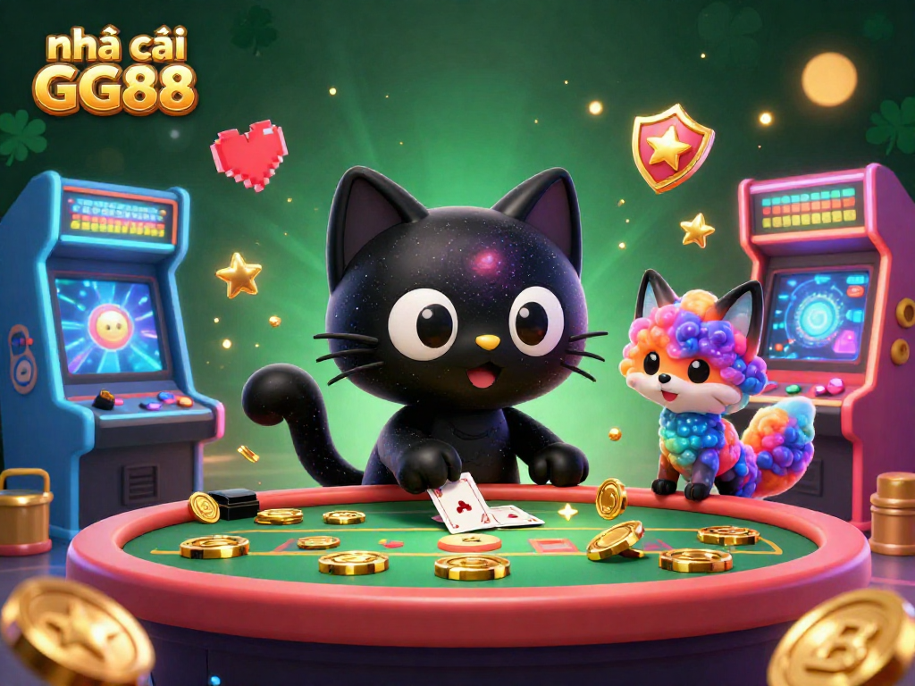 Experience vibrant gaming action at nhà cái GG88 with a cosmic cat and a nebula fox in a casino setting.