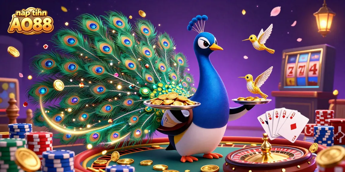 Experience thrilling action with nạp tiền AO88, featuring a majestic peacock, butler penguin, and a golden hummingbird amidst a flourishing casino atmosphere.