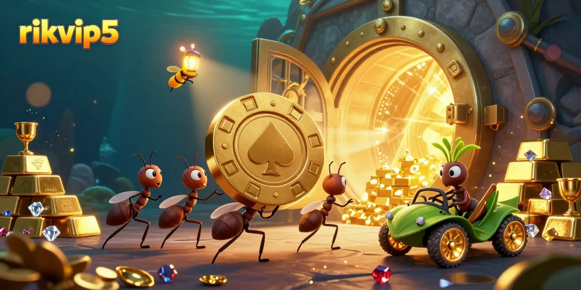 Ants execute a heist with a golden poker chip in a vibrant scene, showcasing rikvip5 casino excitement.