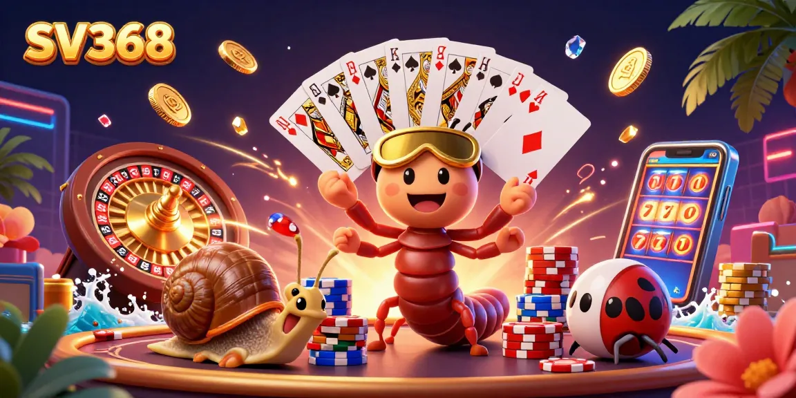 Experience the excitement of SV368 with a vibrant 3D illustration showcasing dynamic casino elements and characters.