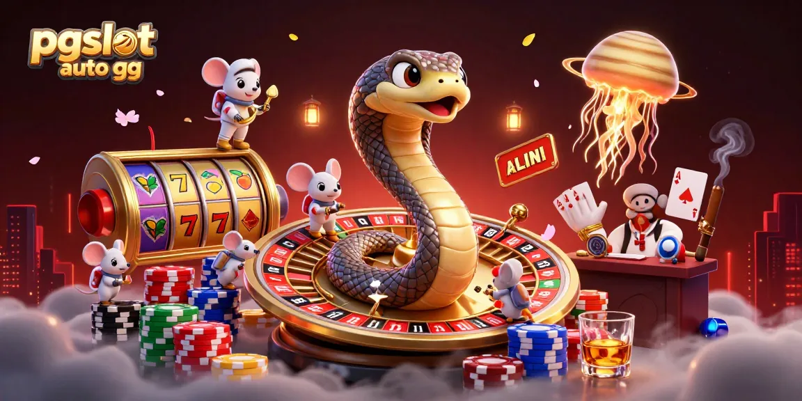 Betting on pgslot auto gg adventures with astronaut mice and a cosmic dealer jellyfish in a vibrant 3D casino scene.
