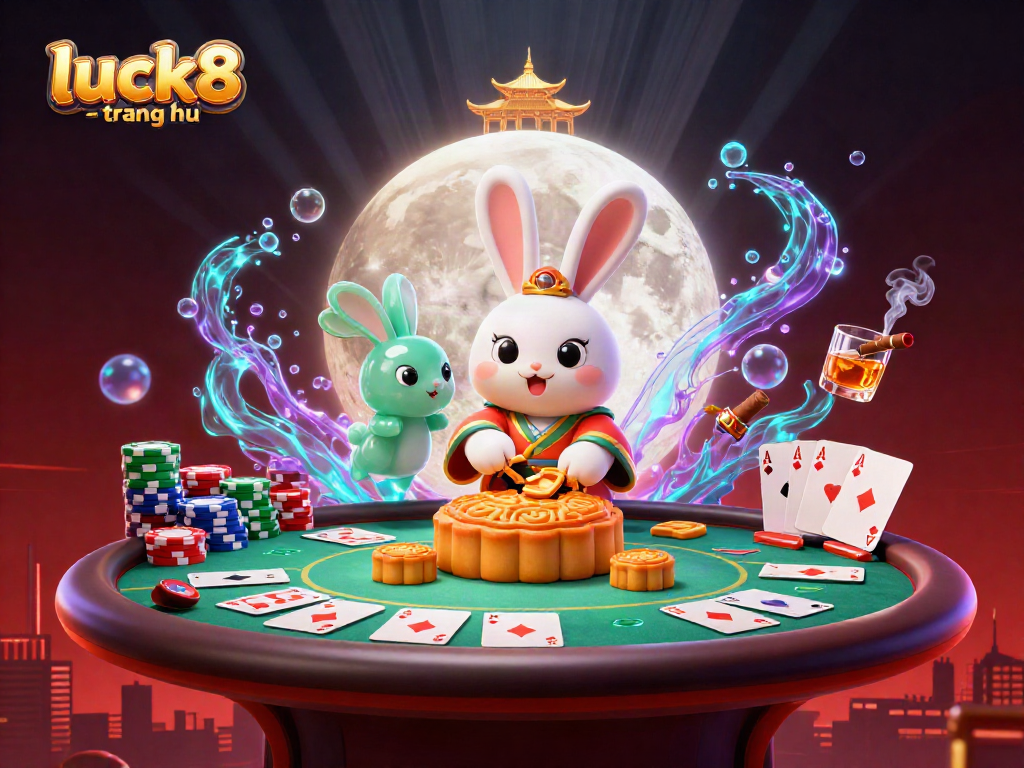 Engage with luck8 - trang chủ featuring a moon rabbit revealing poker chips amidst vibrant casino elements.