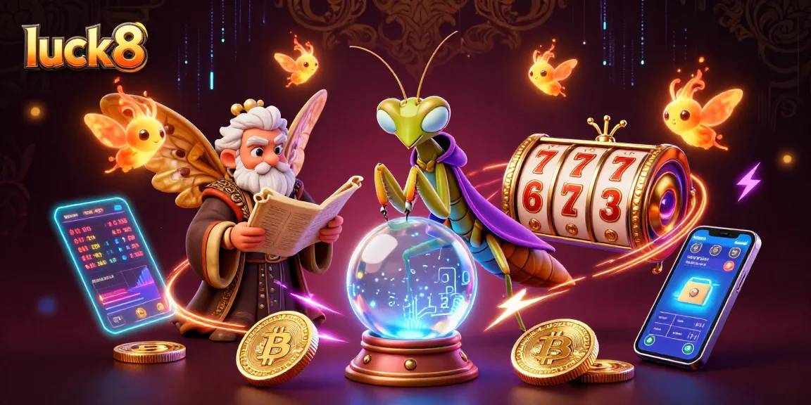 Engage with luck8 and win in thrilling online slots surrounded by mystical elements and crypto coins.