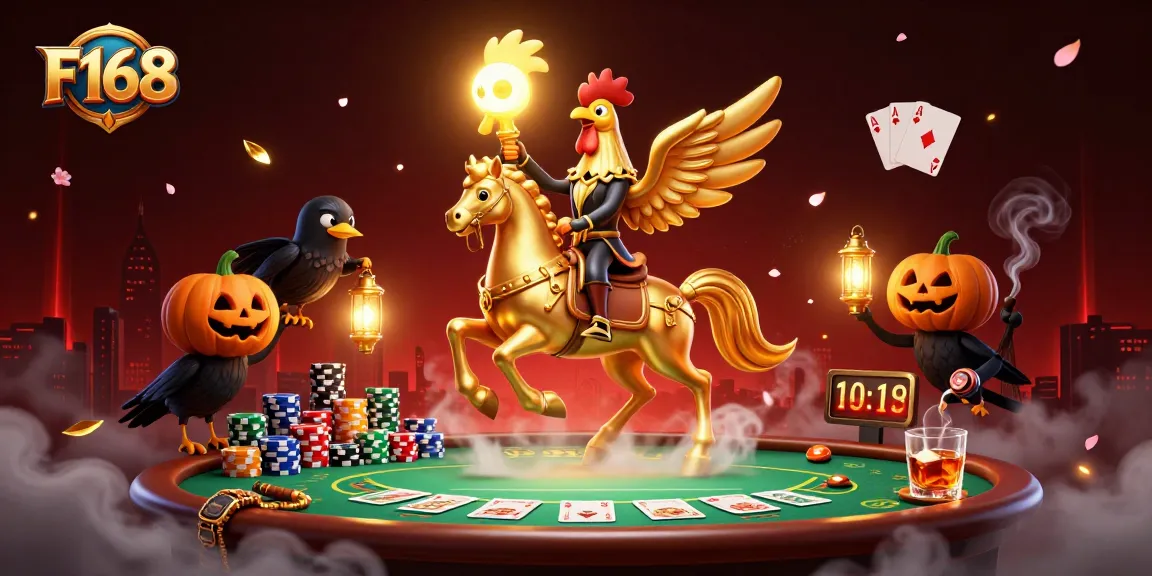 F168 showcases a golden rooster headless horseman amidst poker tables and vibrant casino elements.