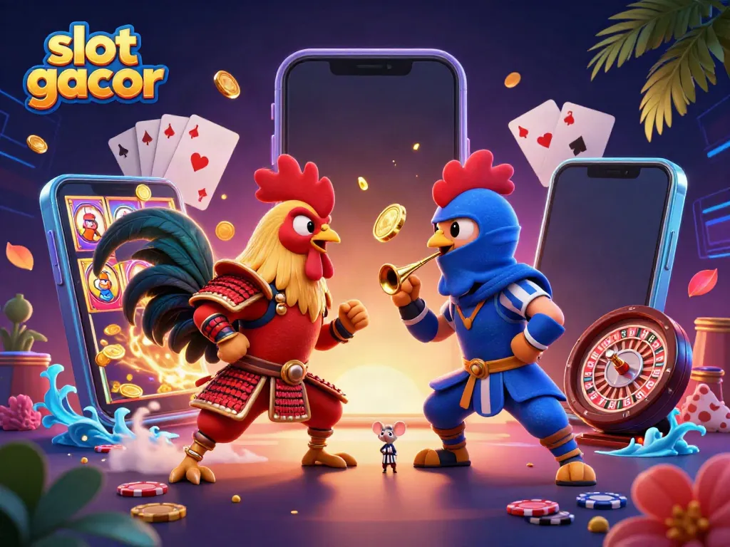 Experience dynamic slot gacor action with roosters clashing in an exciting casino scene.