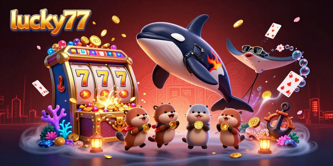 Engage with lucky77’s animated scene featuring an orca whale, stingray, and otters in vibrant casino action.
