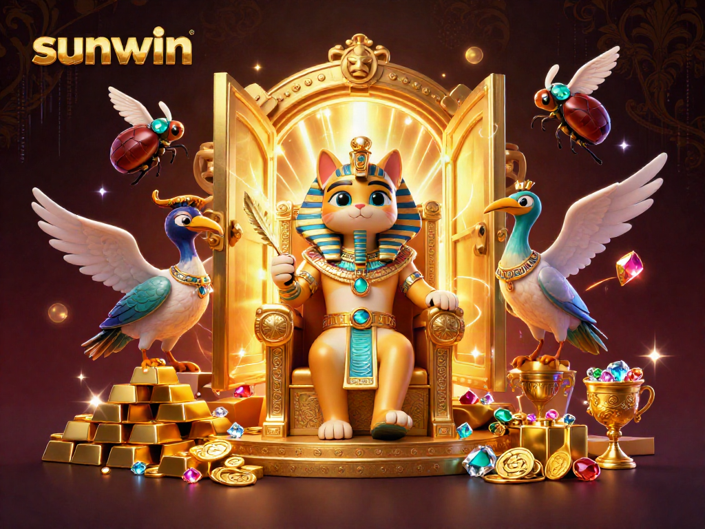 Engaging sunwin 3D casino scene featuring a pharaoh cat with treasures and jewels.