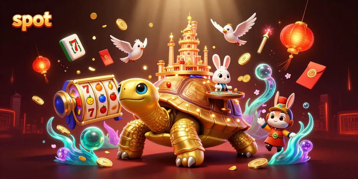Spin the slot reels in a vibrant casino scene featuring golden tortoise and rabbit dealer.