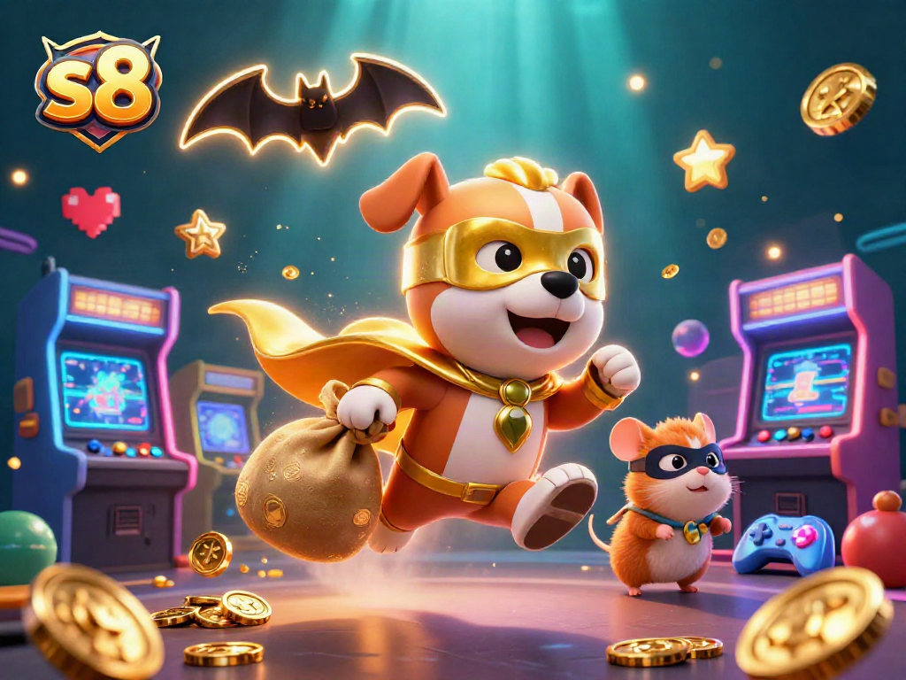 Engage with the thrilling s8 gaming experience featuring a superhero dog and vibrant casino elements.