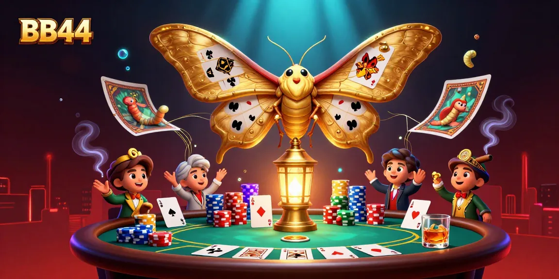 BB44 players enjoy poker action among golden moths in a vibrant casino-themed 3D illustration.