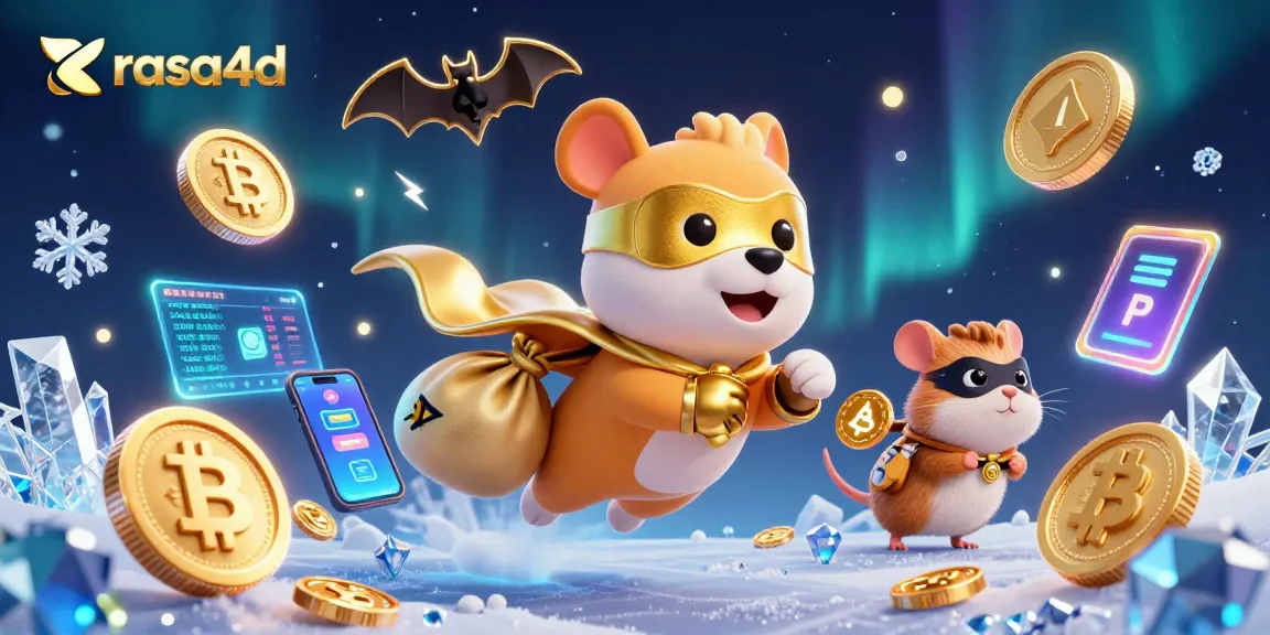 Rasa4D menghadirkan superhero anjing terbang membawa koin emas, dikelilingi elemen judi modern.