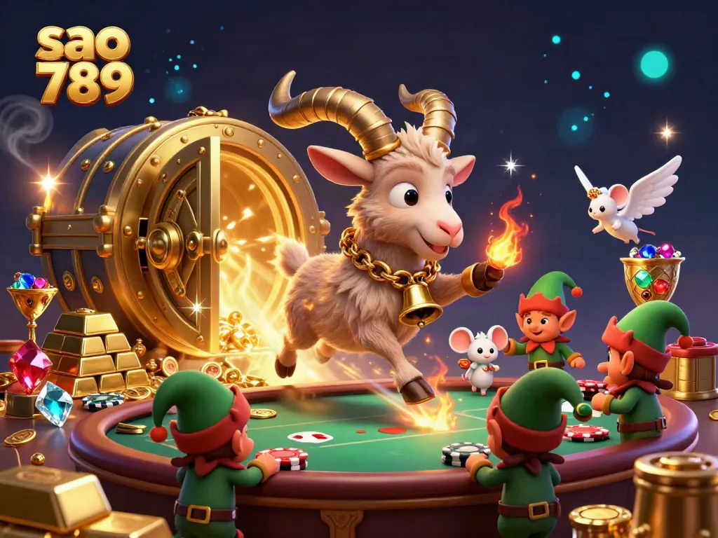 Sao 789 engages players in a festive casino scene with a Krampus goat, angel mouse, and elf gremlins stealing chips.