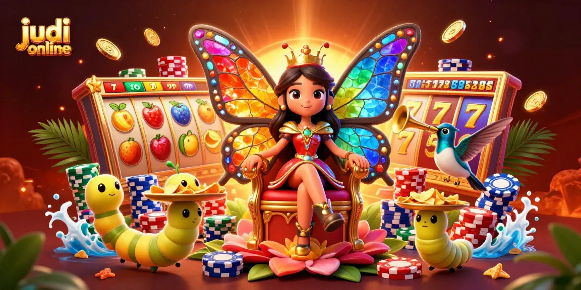 Experience thrilling judi online action with a vibrant butterfly queen, slot reels, and poker chips.