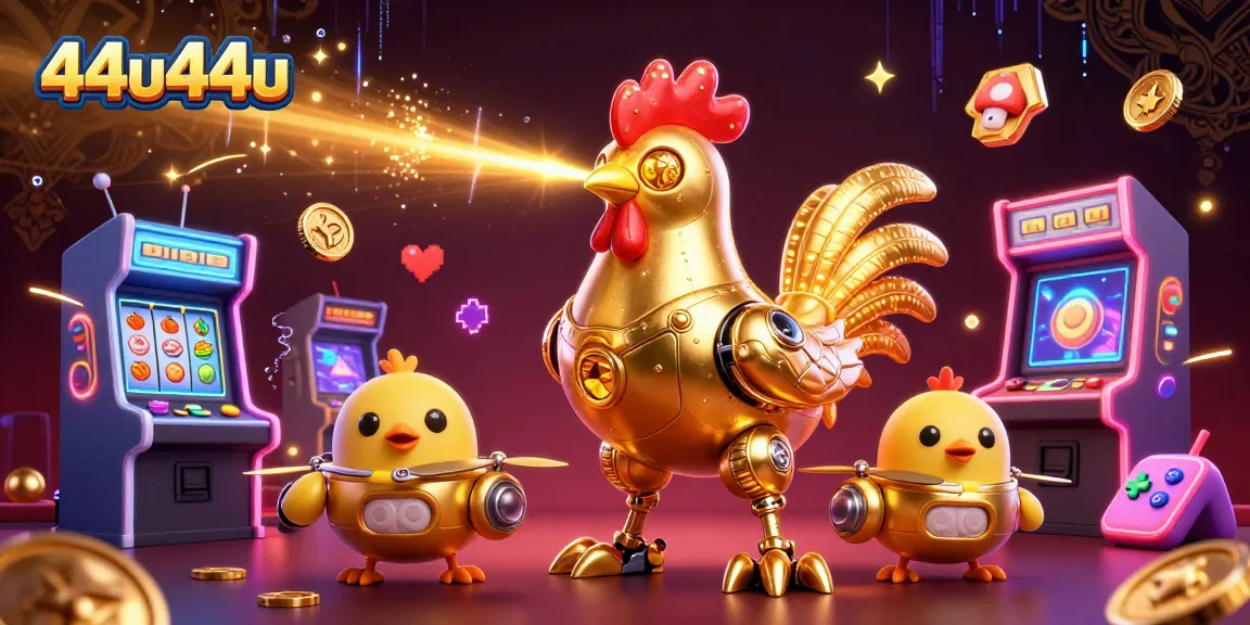 Experience the vibrant 44u44u gaming scene with a golden rooster and baby chick drones in action.