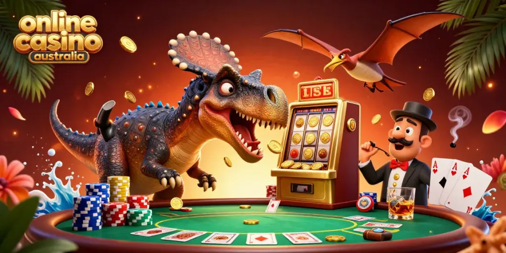 Experience the thrill of online casino australia with a 3D dinosaur scene celebrating jackpot wins.