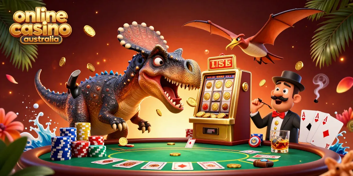 Experience the thrill of online casino australia with a 3D dinosaur scene celebrating jackpot wins.