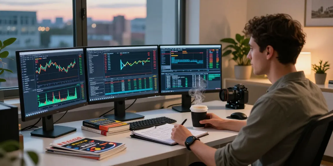 Trader using MetaTrader 4 with Forex charts in a professional home office.