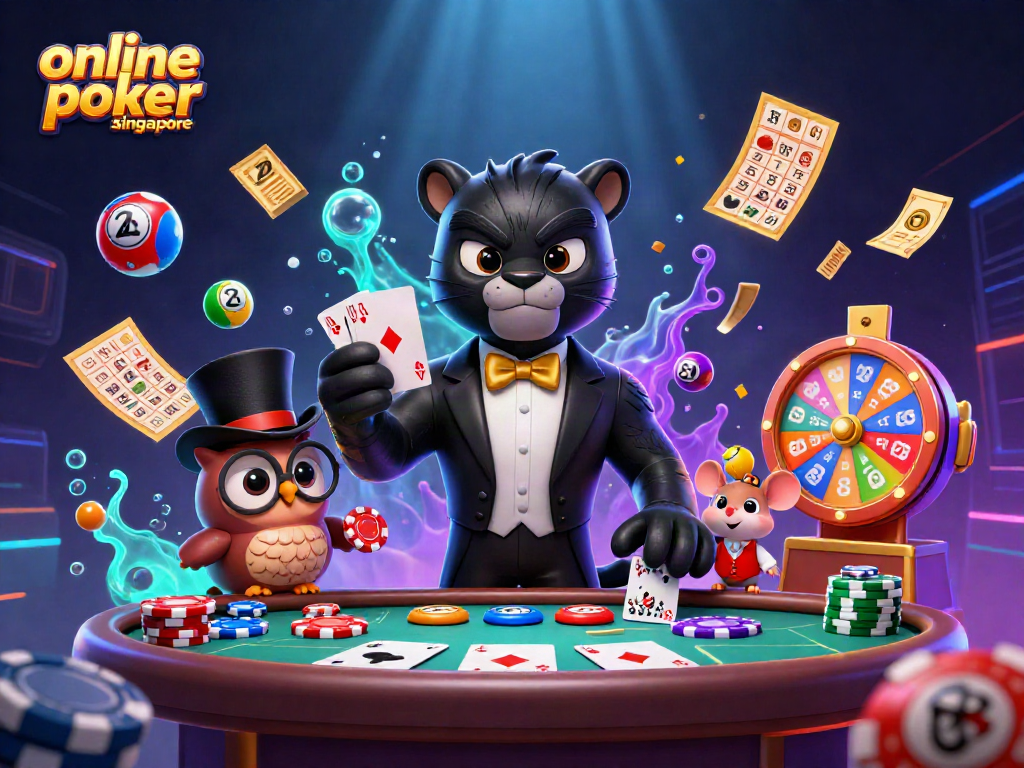 Engage in exciting online poker Singapore with a dynamic scene featuring a stylish panther dealer, an owl holding chips, and a lucky mouse.