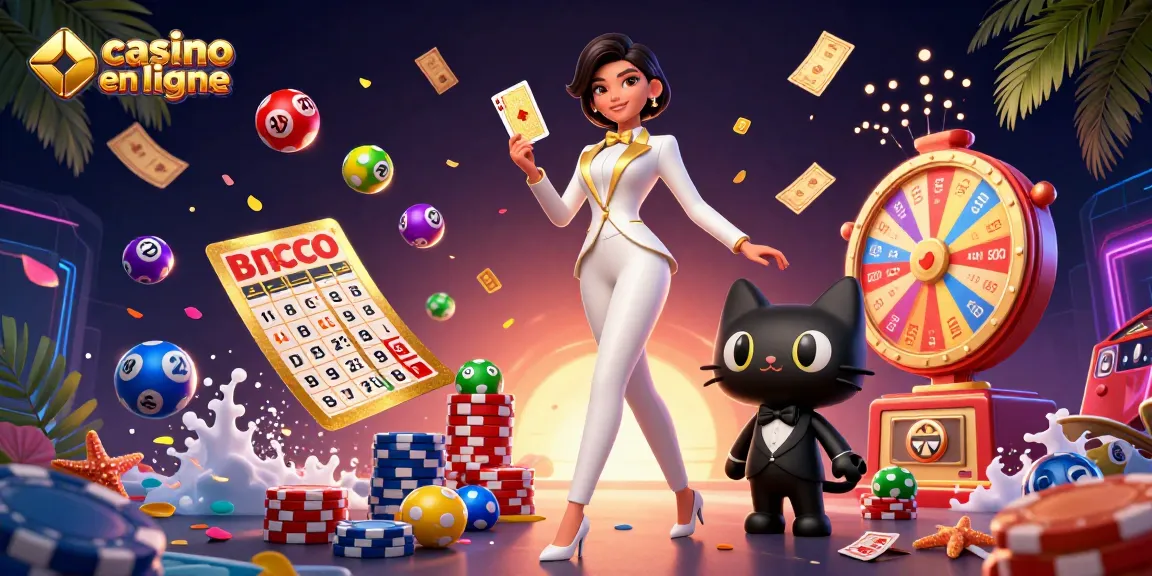 Vivez l'excitation du casino en ligne avec des jeux colorés et des visuels vibrants dans cette scène illustrée.