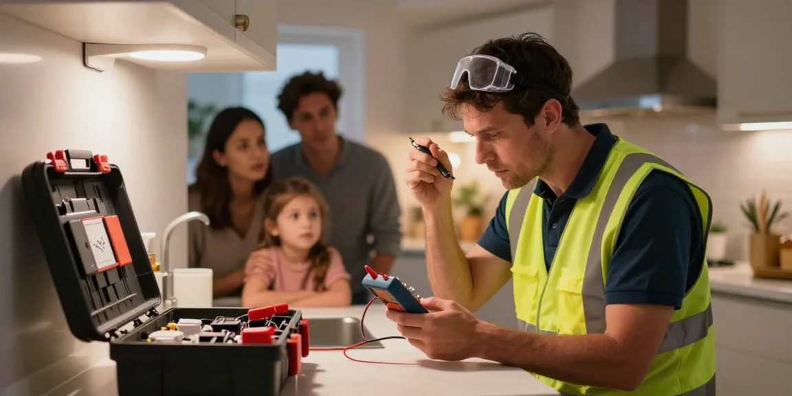 Emergency electrician diagnosing kitchen lights during a power outage, showcasing urgent home safety.