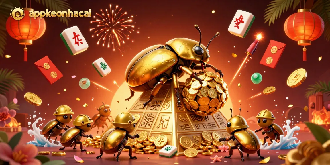 Appkeonhacai showcases dynamic sports betting action with a golden dung beetle in a vibrant atmosphere.