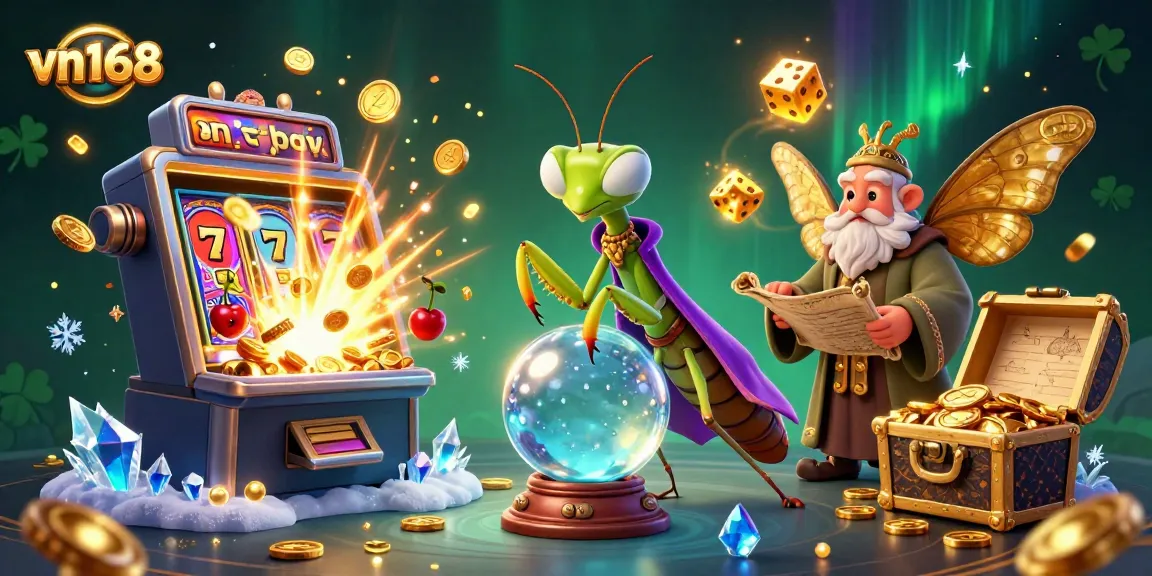 Win big with vn168 at the slot machine, featuring a mystical fortune teller and vibrant casino elements.